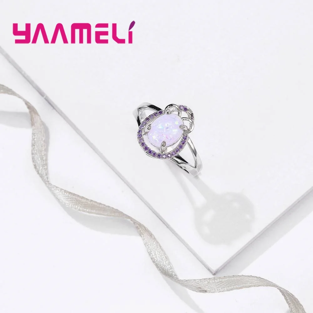 Women Girlfriend Festival Present Many Purple Flowers+Oval Opal Good 925 Sterling Silver Color Finger Rings Jewelry Anel