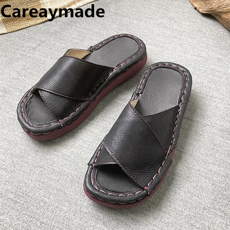 Careaymade-Summer Genuine leather outerwear thick sole slippers wear-resistant comfortable versatile cool breathable slippers