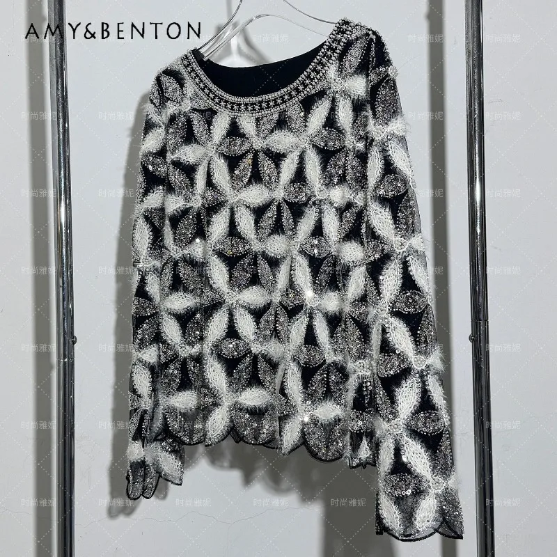 

Heavy Industry Floral Blusas Women's Chic O-Neck Long Sleeves Top Retro Elegant Versatile Pearl Beaded Sequin Top Shirt Pullover