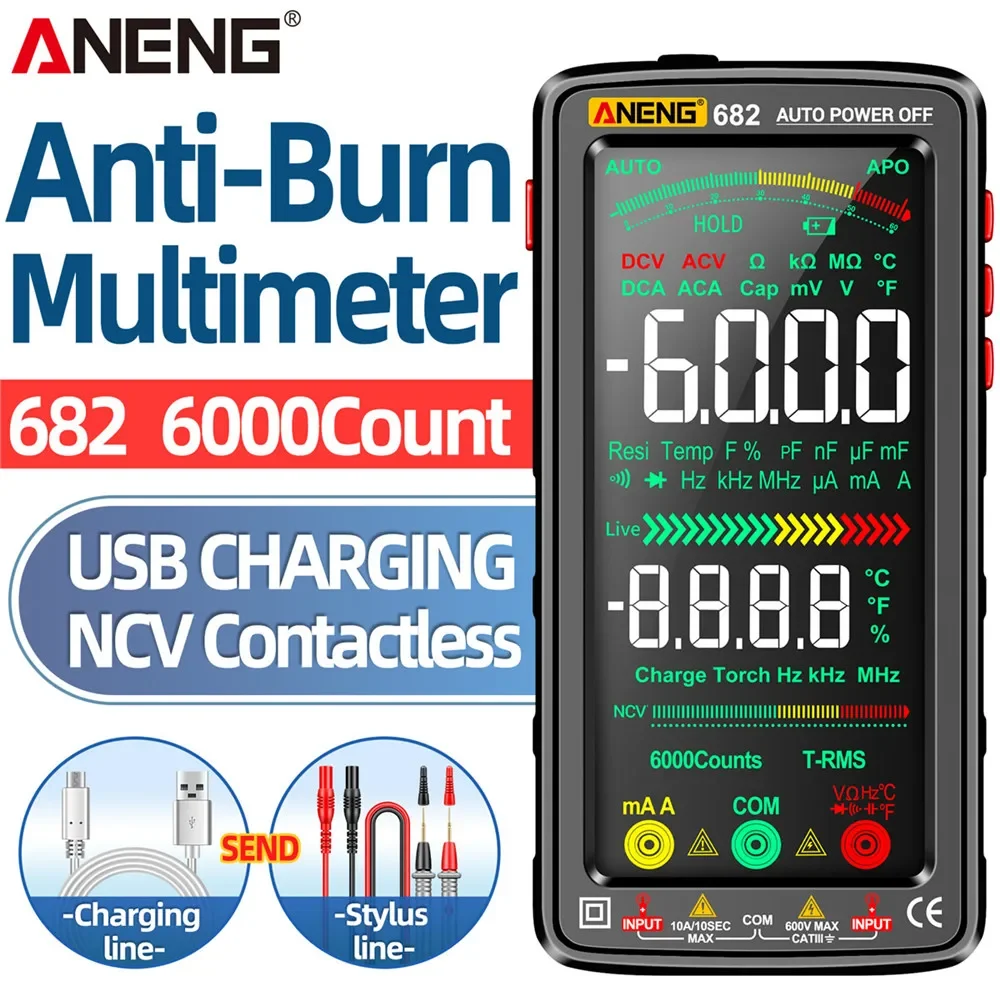 ANENG 682 Multímetro Inteligente, Amperímetro AC DC, Testador de Tensão, Tela Colorida Grande, Recarregável Ohm Diodo Tester, Ferramentas para eletricista