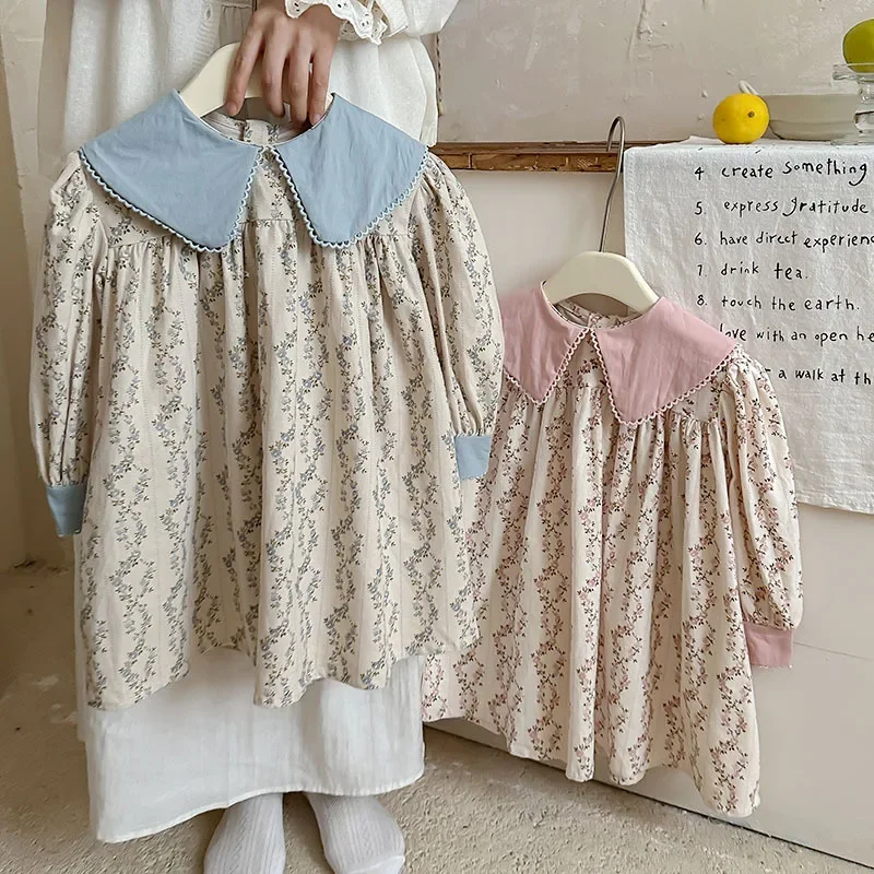 Autumn French Flower Contrasting Lapel Style Girls\' Dress Spring Baby Kids Pure Cotton Long Sleeved Lace Sweet Princess Dress