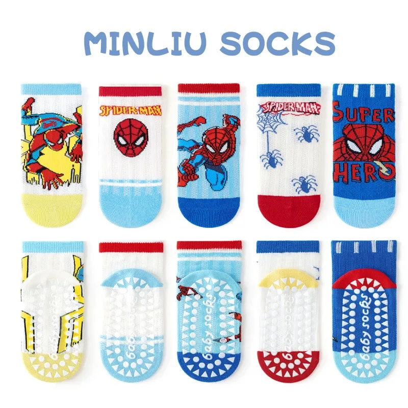 5Pairs Cute Cartoon Spiderman Kids Non-Slip Socks Baby Boys Girls Floor Socks Comfortable Breathable Thin for Children Gifts - view 5