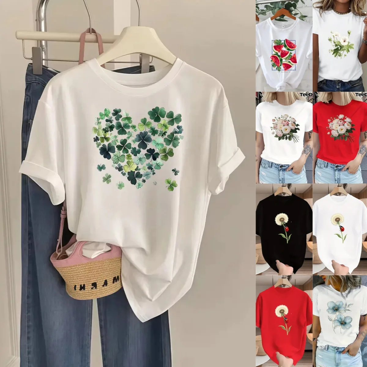 

Princ Sle Slim Fit ort Sve Printed T-irt Women's Top Faionable Summer 2024 Polyester Fabric Thiened Design