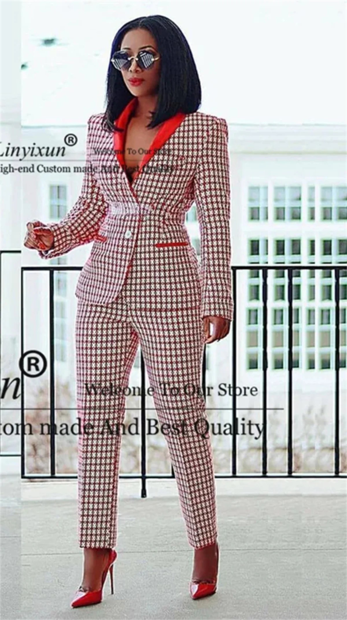 Customized Plaid Wedding Mens Suit &Suit Women Shawl Lapel Groomsmen Blazer Party 2 Pieces Sets (Jacket+Pants) Women Cloths