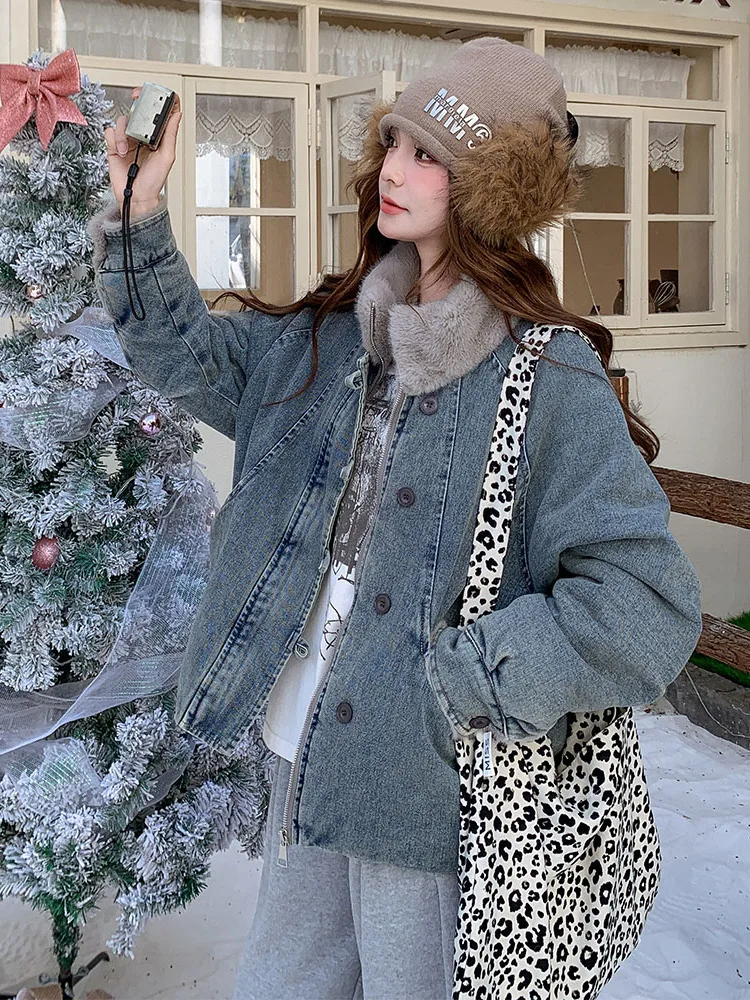 Retro americano ort Collar Denim Jaet mujeres invierno Super ular buena apariencia Thiened Stand Collar Parka abrigo de algodón