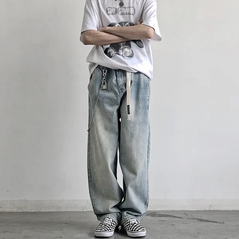 Loose Jeans Mens Floor Dragging Trousers Light Color Straight Tube Washed Retro Made Trendy Brand Youth  PANTS  Wide Leg