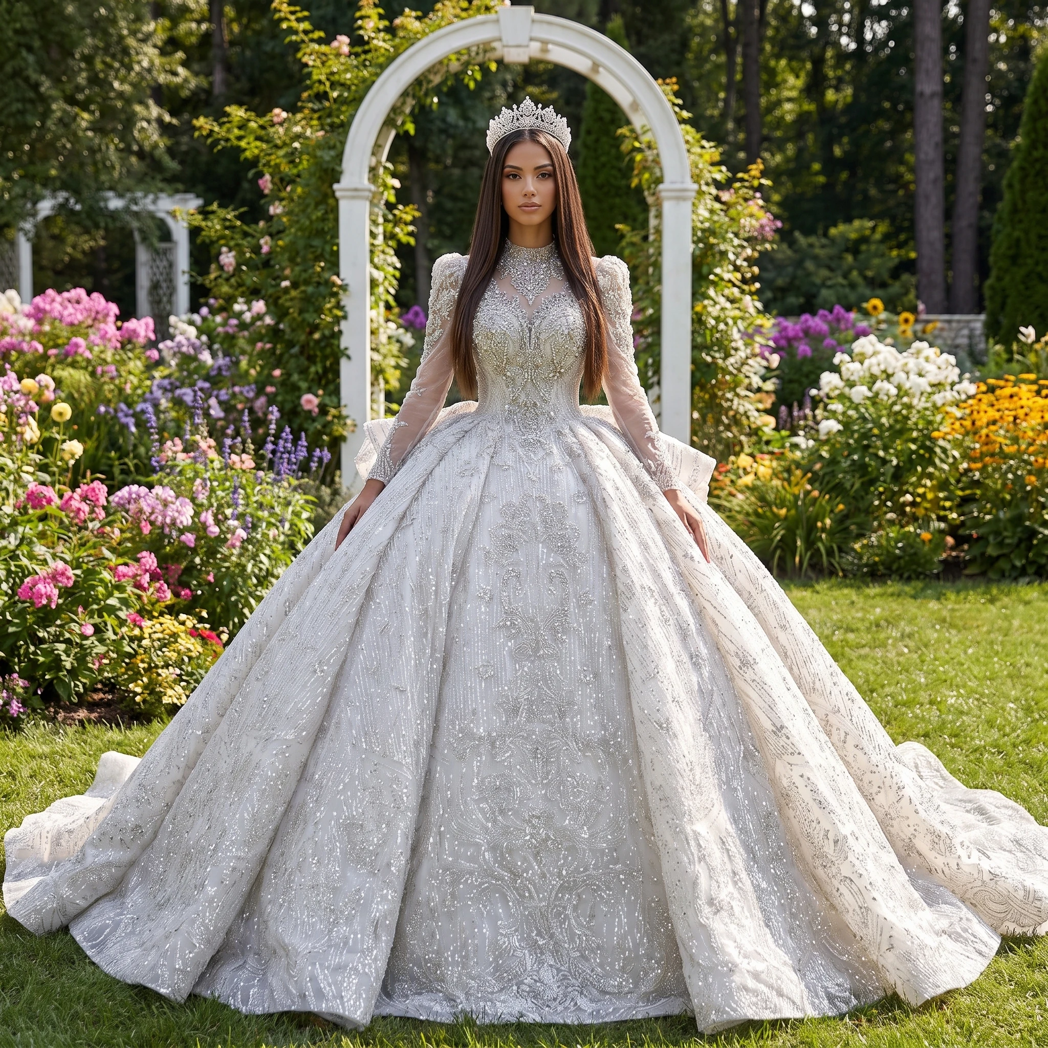 Gorgeous and Sparkling High Collar Wedding Dress Long Sleeves Ruffles Bridal Ball Dress Customization vestidos de novia boda