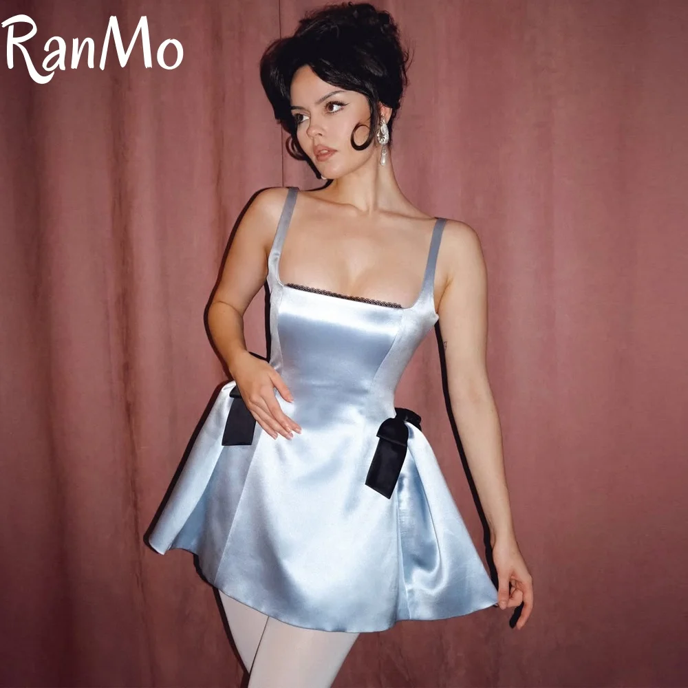 란모 섹시 미니 새틴 프롬 드레스 스파게티 스트랩 생일 파티 가운 2026 보우 숏 A라인 베스티도스 코르토스 데 피에스타 맞춤 제작