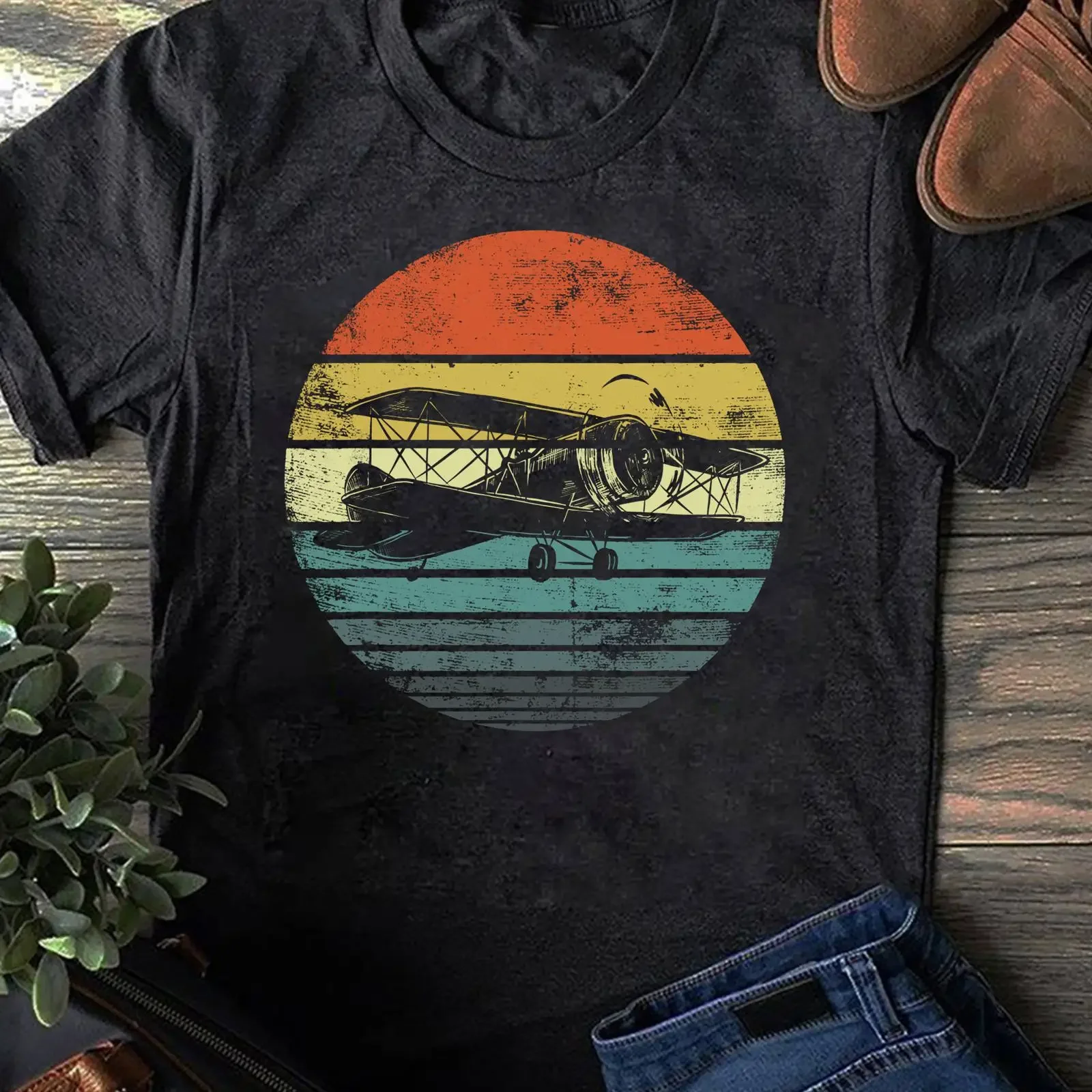 Retro Sunset Biplane T Shirt Vintage Aviation Pilot for Flying Enthusiasts Airplane Lover Casual vintage Washed streetwear