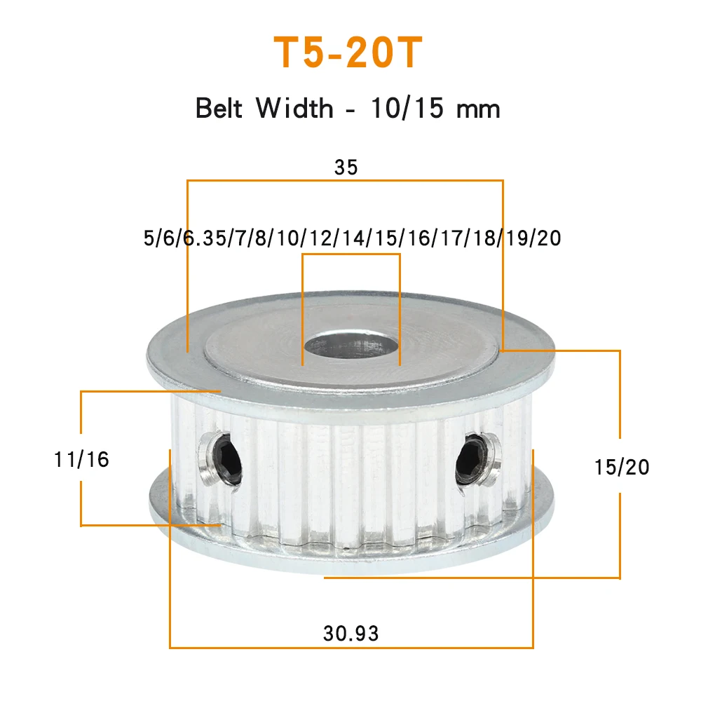 Belt Pulley T5-20T Bore 5/6/6.35/7/8/10/12/14/15/16/17/18/19/20 mm Toothed Pulley Teeth Pitch 5mm For Power Transmission Parts