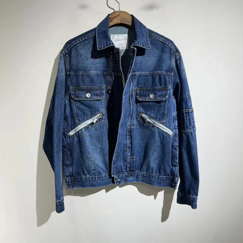 

High Street SACAI Patchwork Washed Denim Jacket Vintage Windbreaker Streetwear Techwear Traf Coat Men and Women Clothing