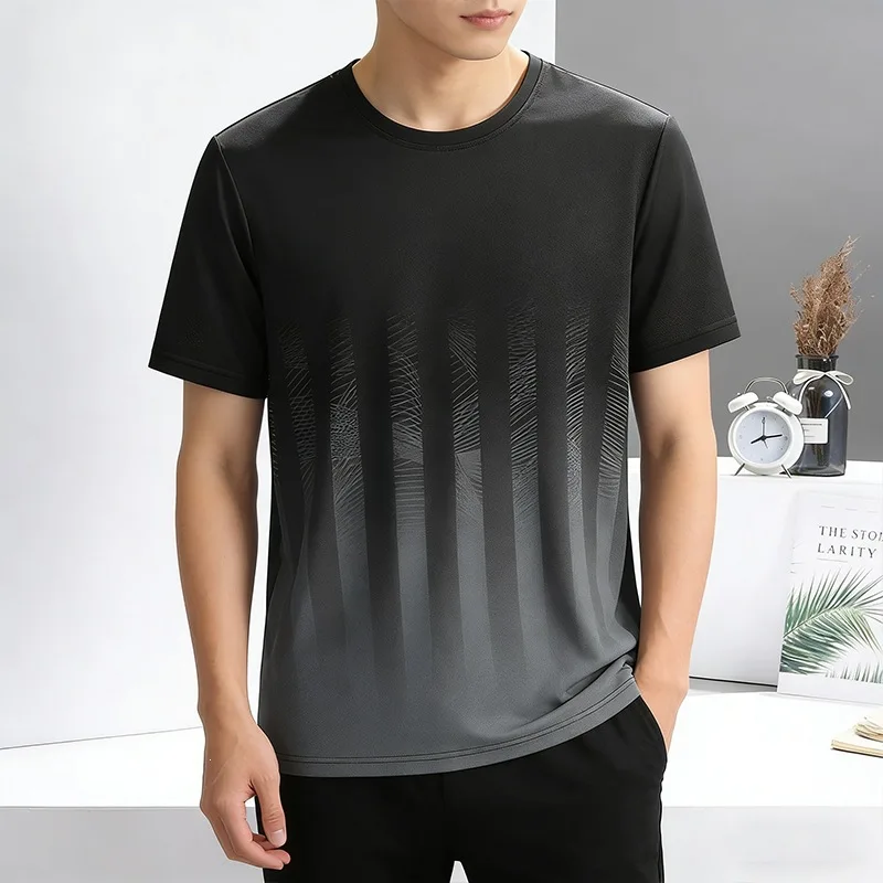

2026 Men's Summer New Round Neck Gradual Change Short-sleeved Shirt Printed Ice Silk Quick-drying Breathable Leisure Sports