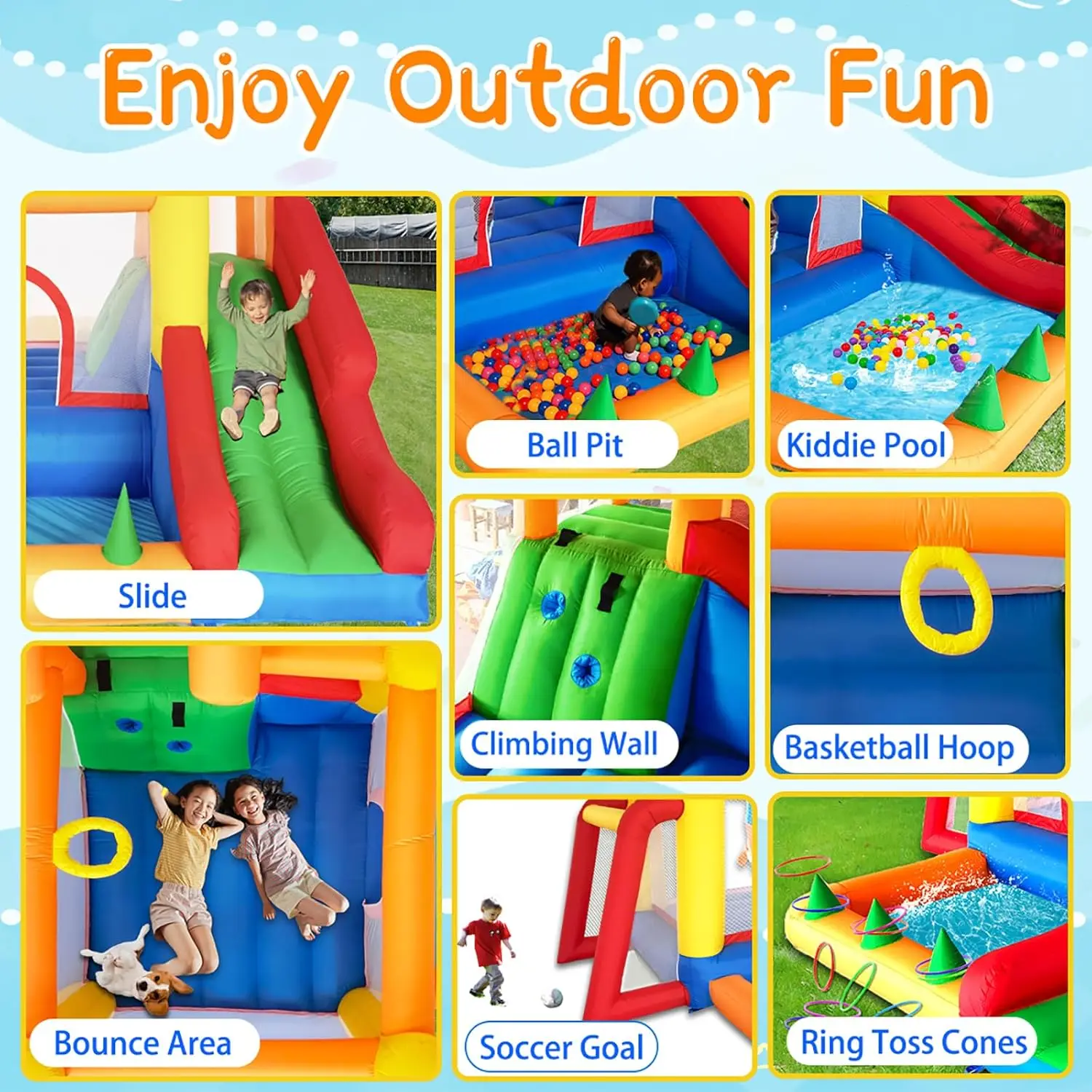 Casa de rebote 7 en 1 para niños de 3 a 10, castillo hinchable con tobogán largo, piscina para niños (pozo de pelota), portería de fútbol, pared trepadora, baloncesto
