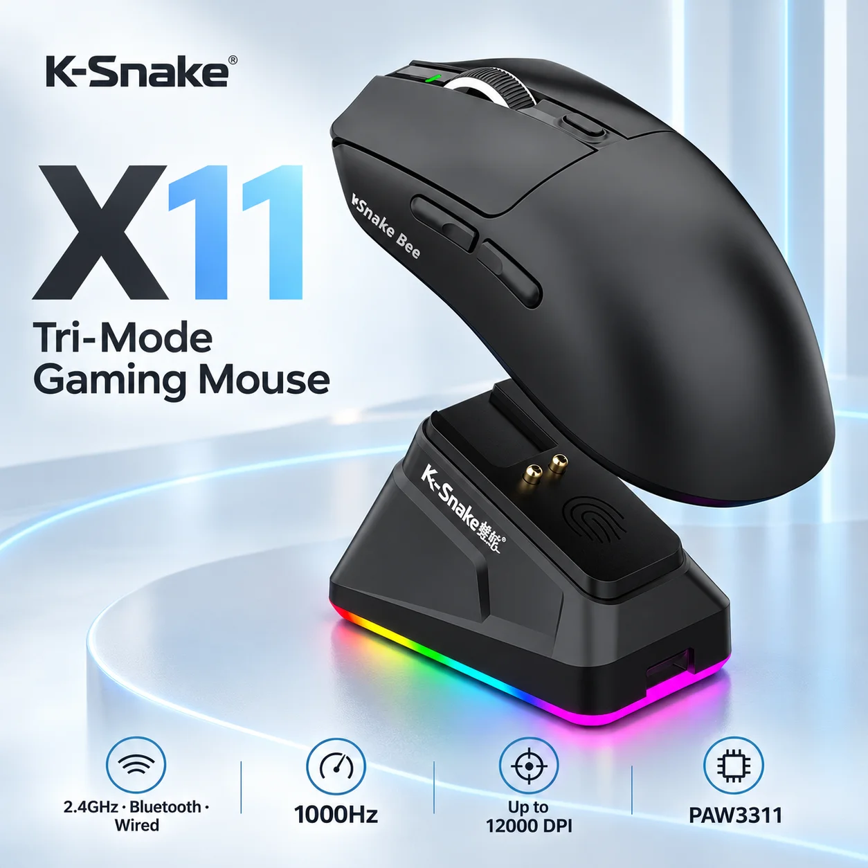 X11 Series Gaming Mouse Lightweight PAW3311 Tri-Mode 2.4G Wireless Bluetooth RGB Charging Dock Esports Mouse for Gaming Office