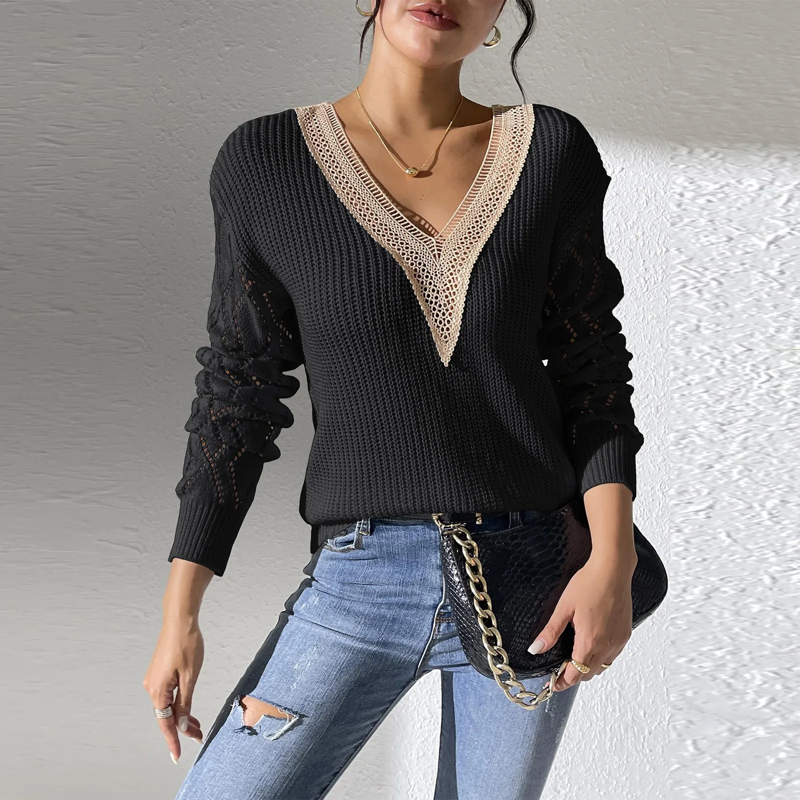 Women\'S Autumn New Sweater Tops Fashion Classic Solid Lace V-Neck Patchwork Long Sleeved Pullover Tops Daily Commute Casual Tops