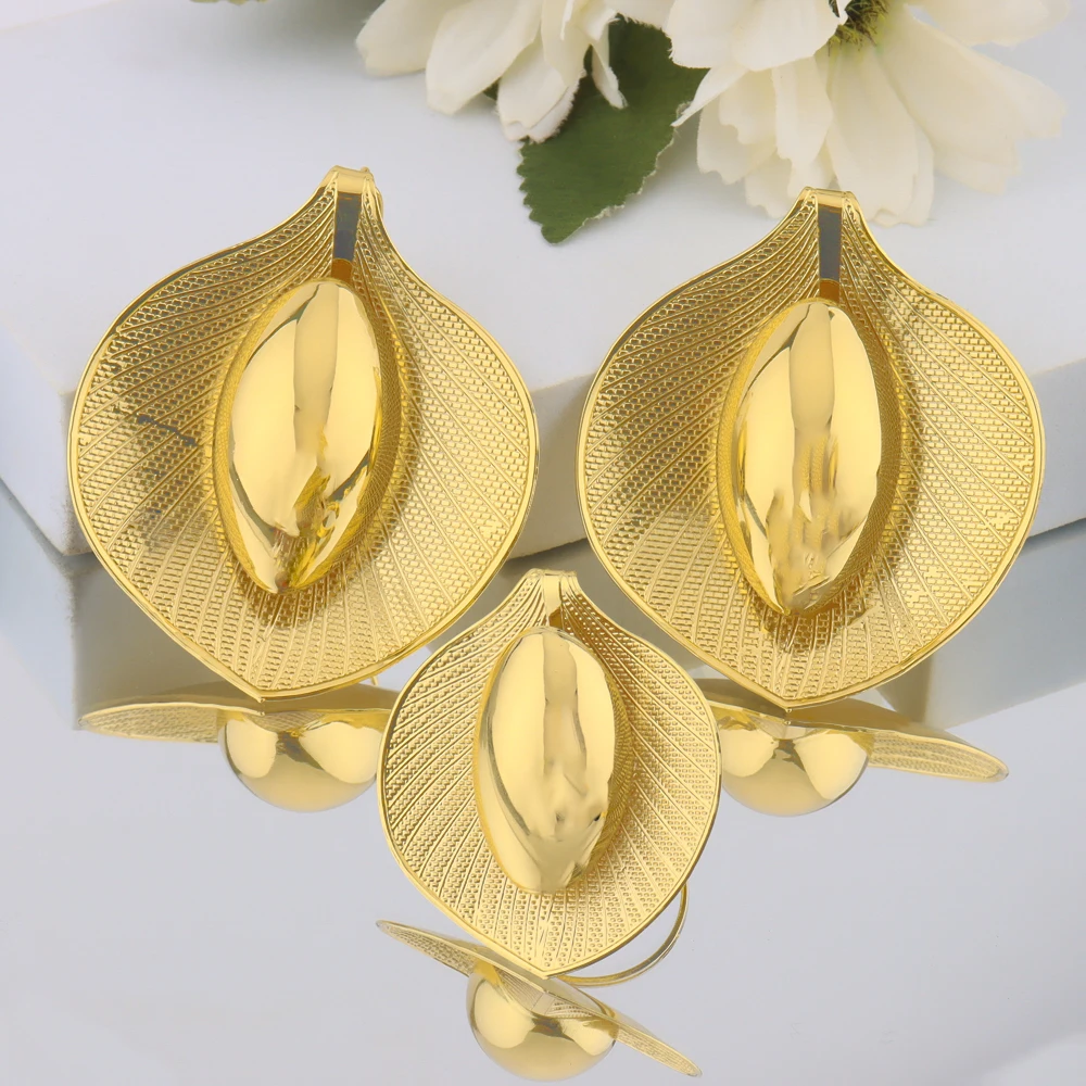 

Brazil Gilding 2Pcs Calla Lily Jewelry Set Elliptical Pistil Earrings Trendy Ring Anniversary Day Party Valentine's Day Gift