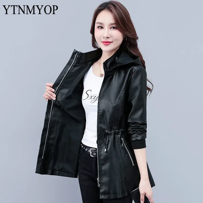 YTNMYOP Slim Fashion Jacket Hooded Leather Coat Women Spring And Autumn Drawstring Clothing High Street Wear Plus Size S-4XL