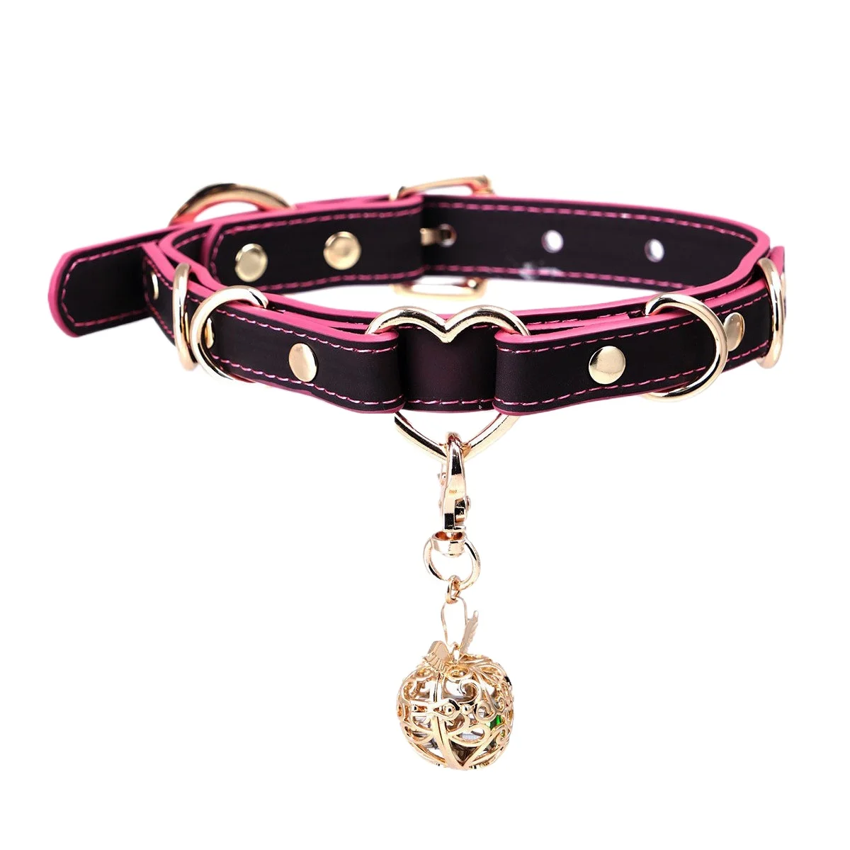 Elegant Pink Crystal  Choker Collar Vegan Leather Adjustable Gold Rivet Adult Accessory for Cosplay Adult Games