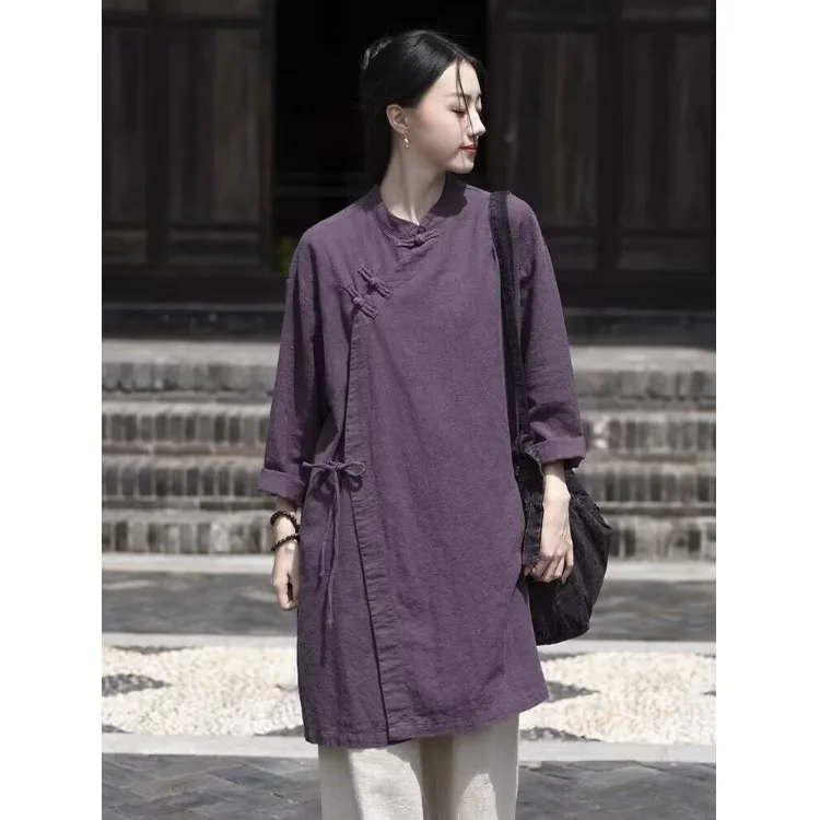 

Retro Cotton Linen irt Women's Spring Autumn Simple Chinese Sle Zen Tea Clothing Long Sve Button up Top