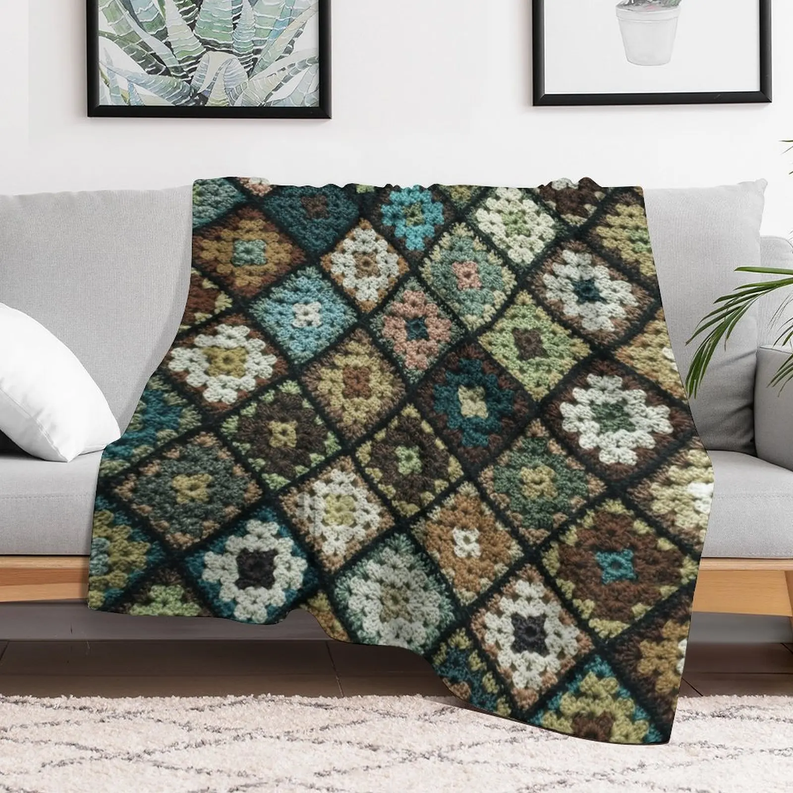 Crochet granny square pattern dark green Throw Blanket Plaid on the sofa Warm Luxury Blankets