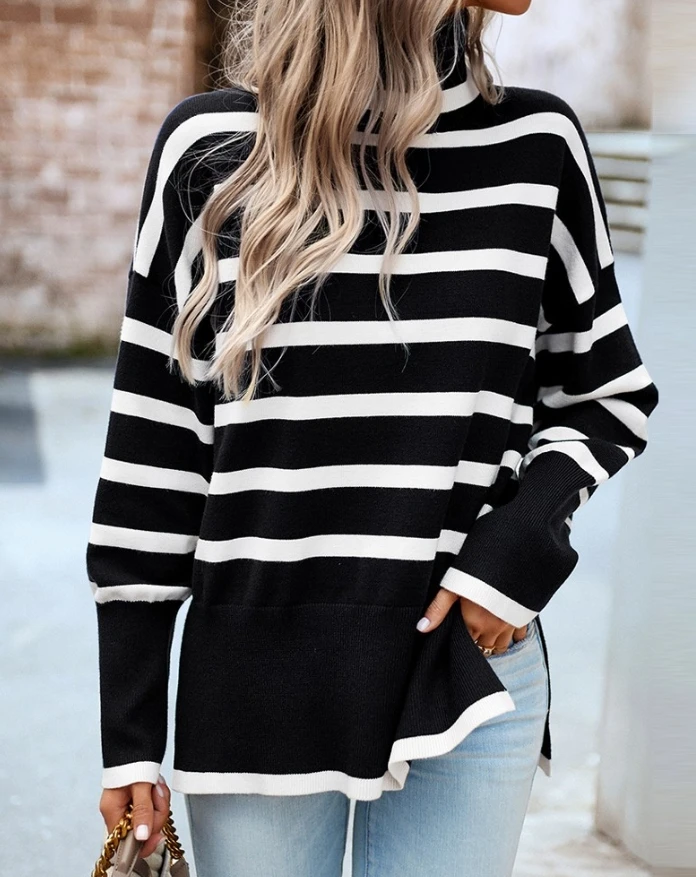 Girls' New Fashionable Striped High Neck Side Seam Casual Long Sleeved Knitted Loose Sweater Pullover In Stock