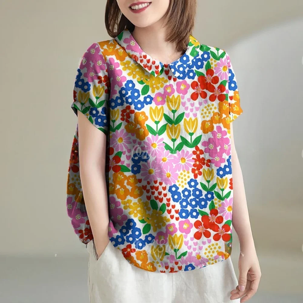 

Elegant Blouses for Women Colorful Floral Pattern Print Shirts Top Summer Short Sleeve T-Shirt Vintage Pulovers Women's Clothing