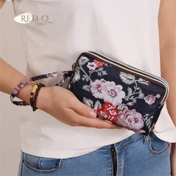 Three-layer Zipper Long Women Waterproof Nylon Colorful Printed Cloth Wristlet Bag Coin Purse Mobile Phone Holder Small Clutch