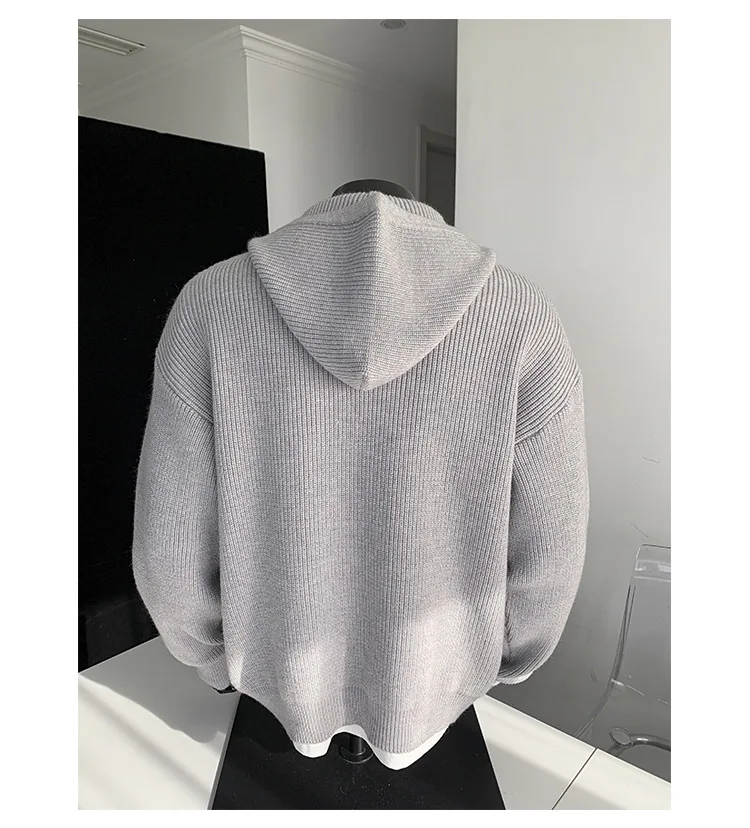 2026 New Autumn Winter Simple Solid Color Knitted Hoodie Men Japan Korean Fashion Casual Loose Double Zipper Hooded Jacket