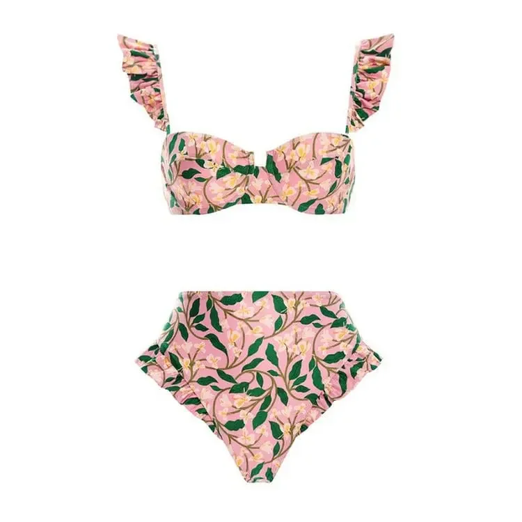 Maillot de bain en mousseline de soie, imprimé floral, soutien-gorge push-up, rembourré, à volants, bandage, ensemble deux pièces, vêtements de plage, jupe de plage, pour femmes