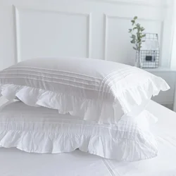 2 Pcs Super Sale White Pillowcase 100% Cotton Pillow Case Home Bedding Pillows Cover Pinched Ruffle Design Princess Pillowcases