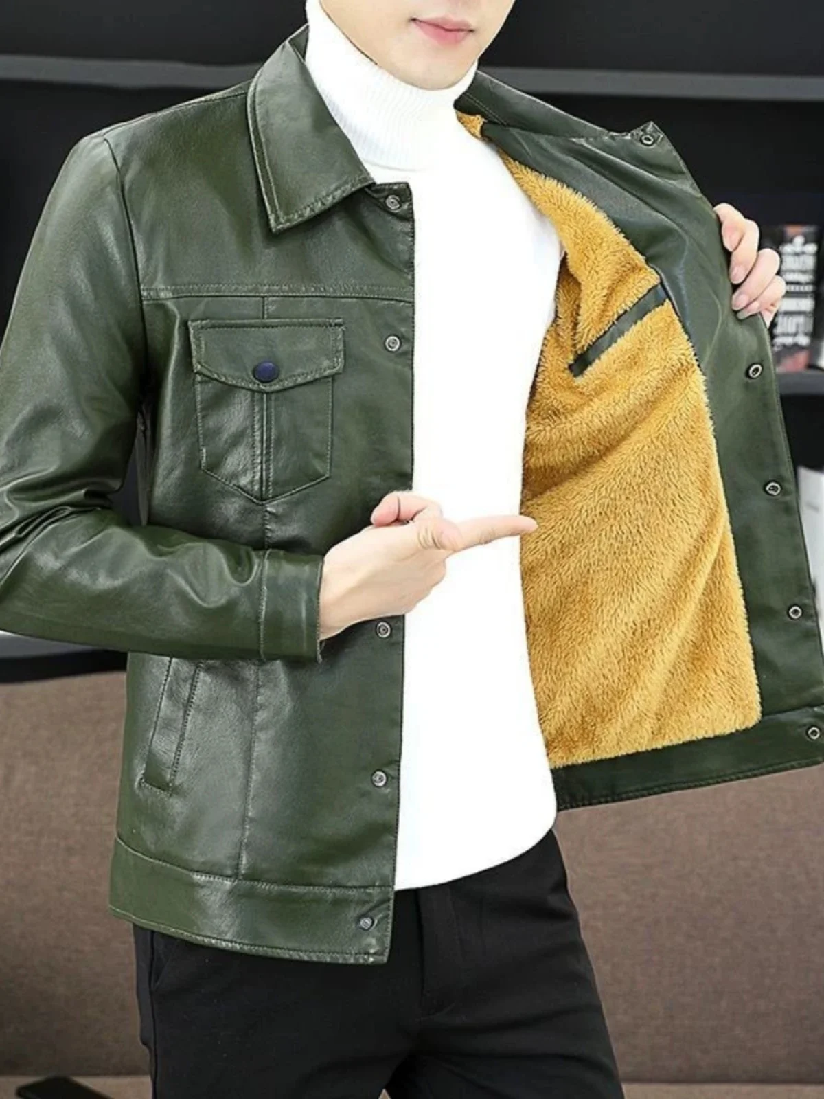 

Мужская приталенная куртка из искусственной кожи с отложным воротником, повседневная тонкая модель, зимняя верхняя одежда, молодежное корейское кожаное пальто