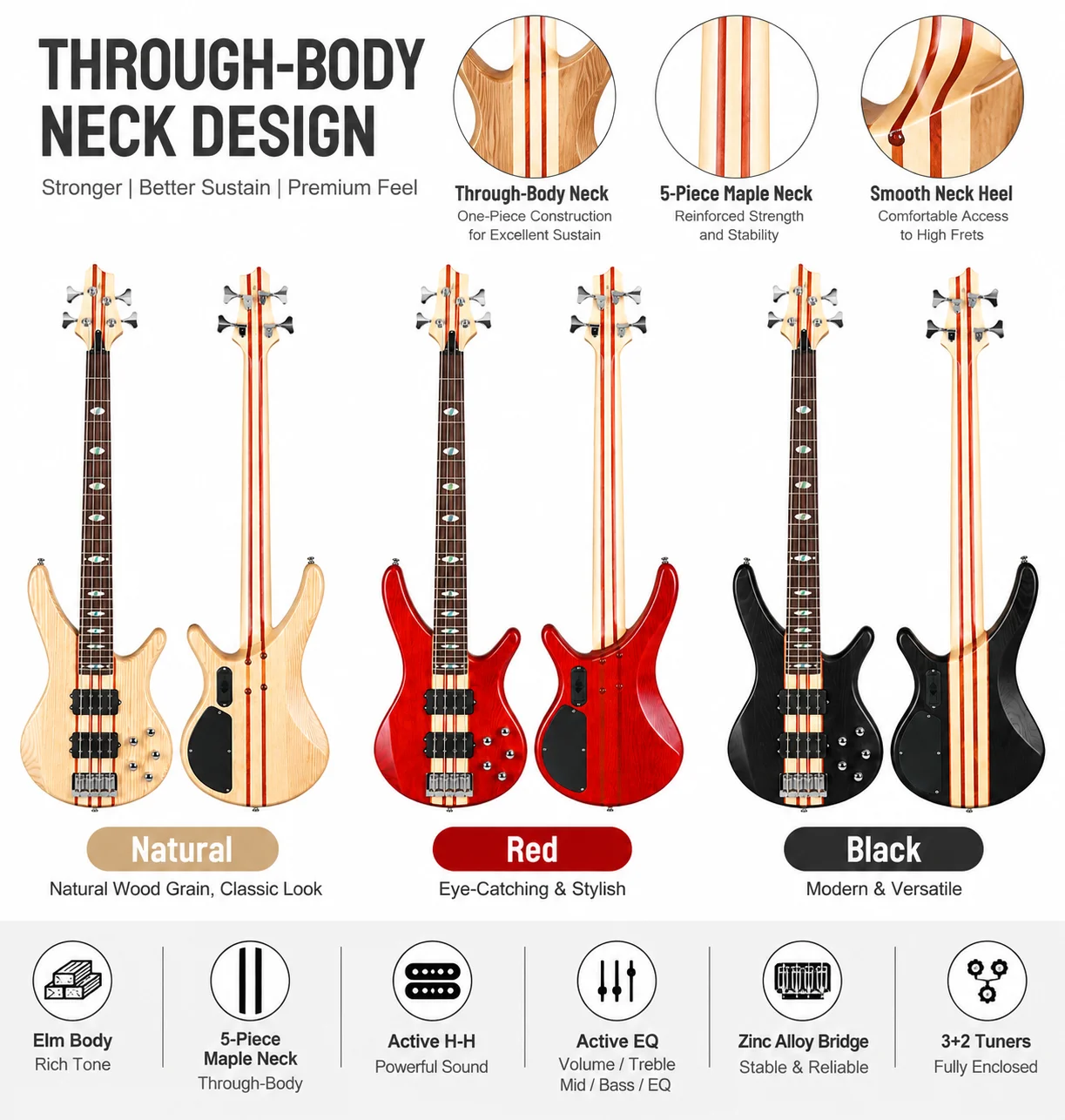 4 String Neck Through Electric Bass Guitar 24 Fret Active HH Pickup Maple Neck Professional Bass Instrument