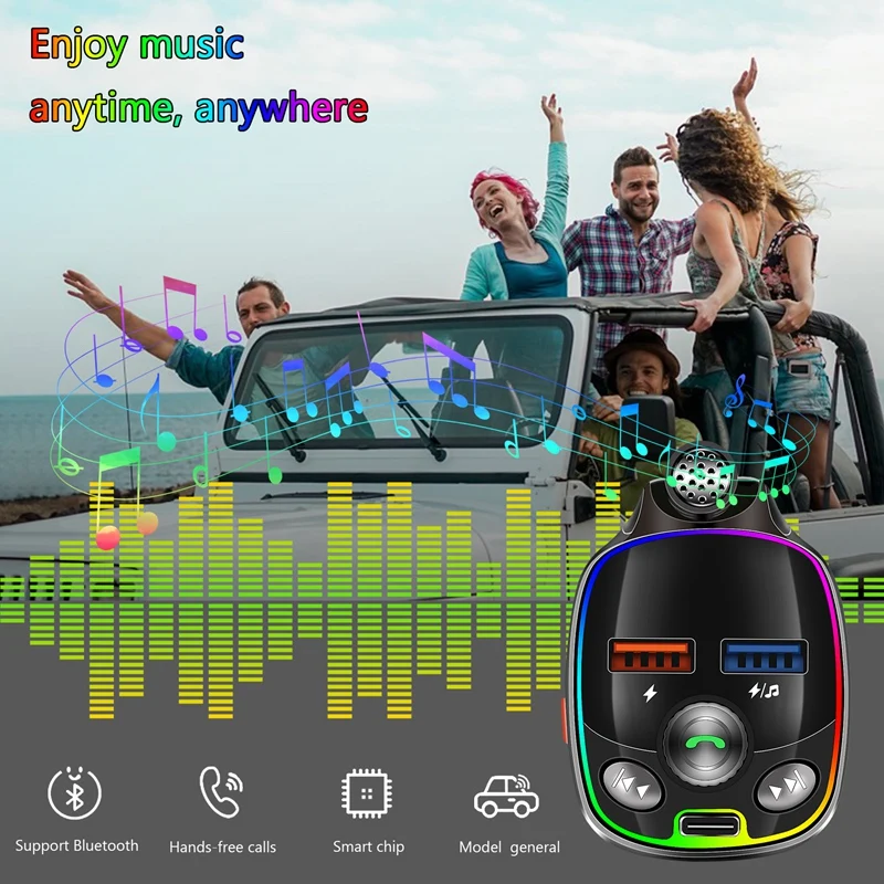 Car PD 18W Charger Bluetooth 5.0 QC3.0 FM Transmitter One Button Bass Mp3 Player External Large Microphone Music Player