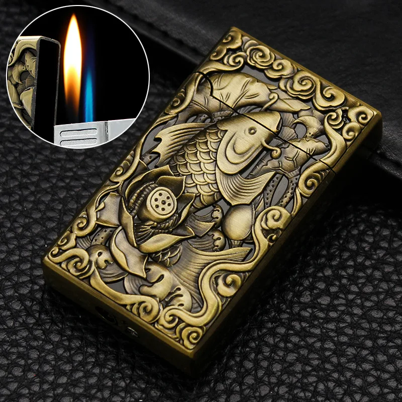 

Dual Jet Flame Lighter Butane Refillable with Exquisite Metal Carp Relief