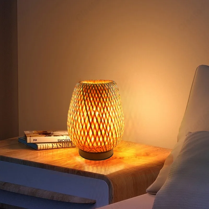 Creative Retro LED Bamboo Woven Desk Lamp Hotel Living Room Dining Room Bedroom Decoration Atmosphere Lighting Fixtures