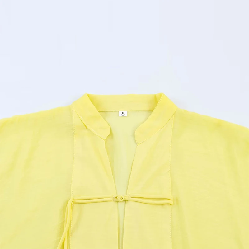 Elegant Chinese Style Frog Button Blouse Sheer Wide Sleeve Loose Fit 2026 Summer Office Casual Chic Breathable Wear Women Top
