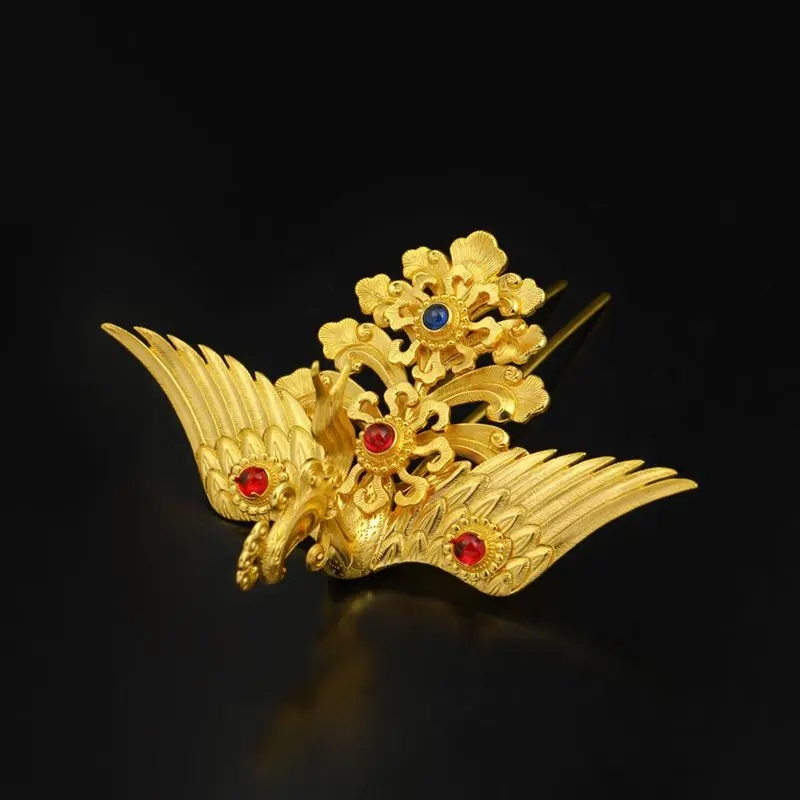 

Ming-made Hanfu Wedding Dei Bun Head and Noodles Distracted Phoenix Hairpin Retro Court Ancient Gold-plated Phoenix Hairpin