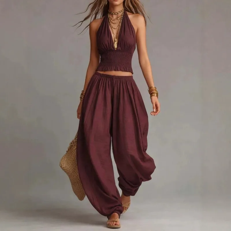 Summer Women Fold the waist 2PCS Boho Outfit Halter Neck Crop Top+Wide Leg Pants Set Casual Summer Beach Linen Matching Sets