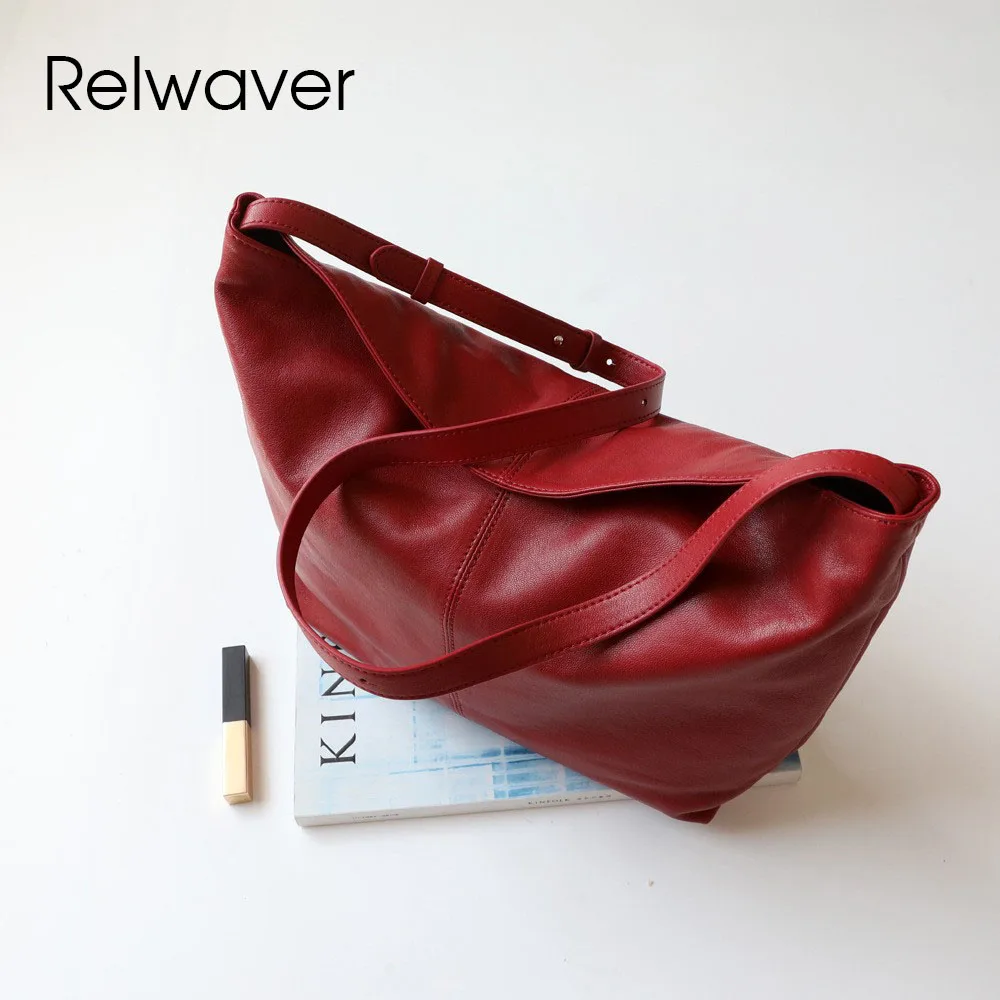 Relwaver women shoulder bag genuine leather tote bag sheep skin crossbody bag 2024 winter red causal women hand bag chic hobos