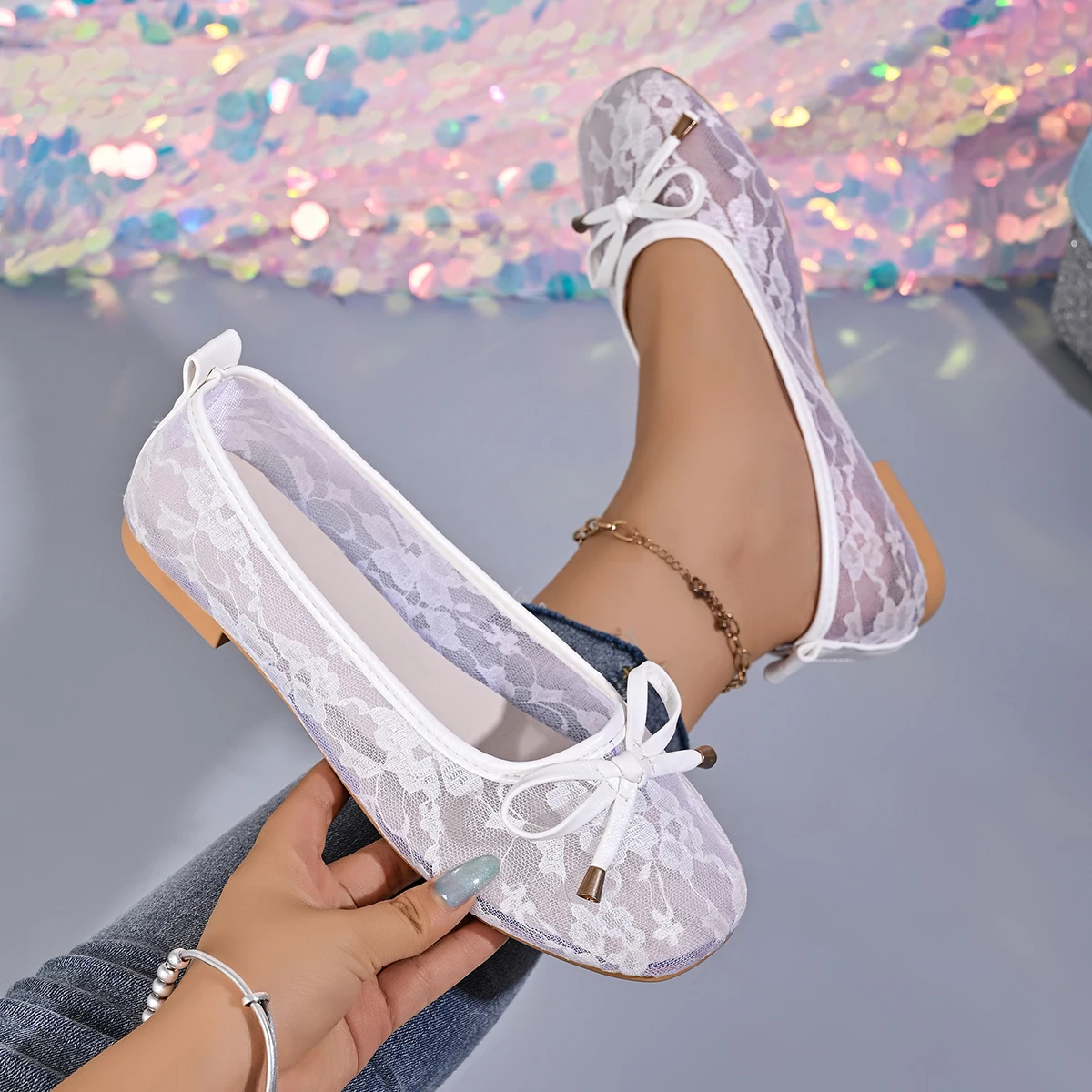 Women Ballet Flats Slip on Casual Walking Shoes Women Square Toe Floral Lace Mesh Sneakers Women Upper Front Bow Flat Loafers
