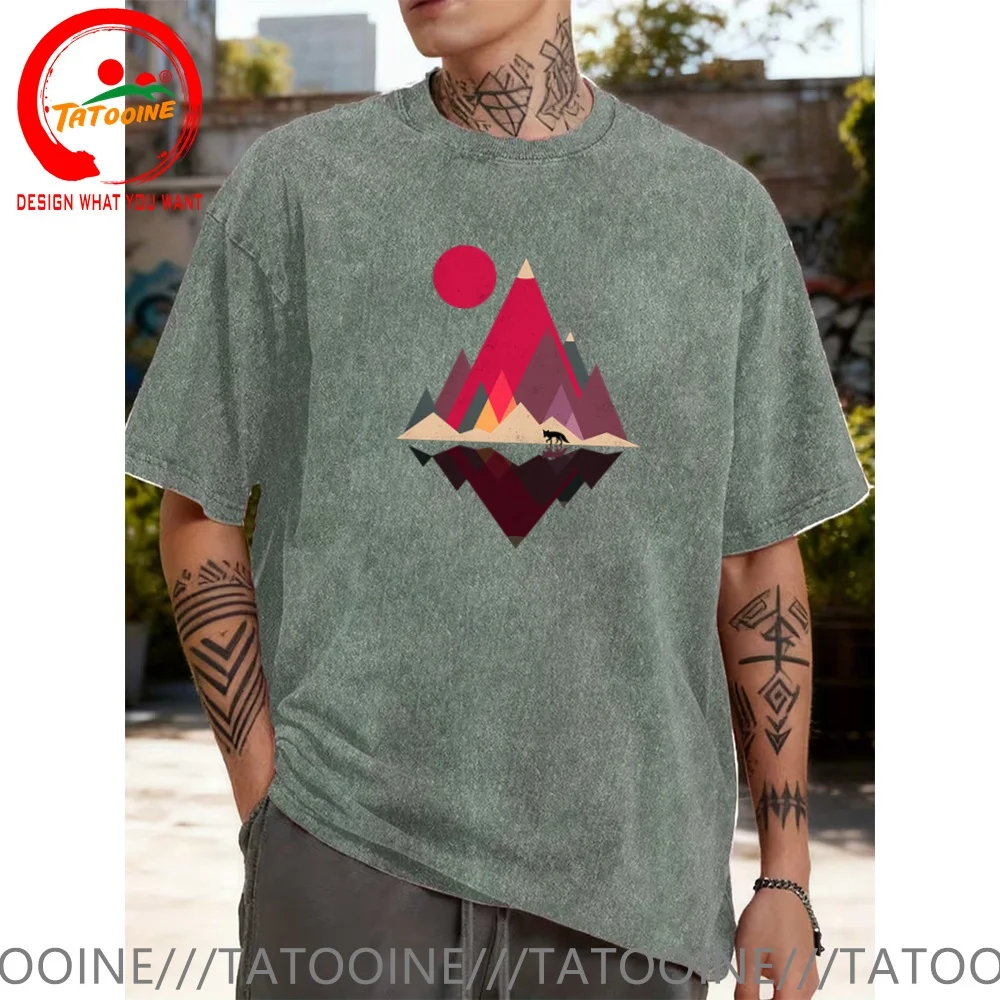 Vintage Washed Cotton T-Shirt Funny Designer Fox Landscape, Nature Geometric Shapes T Shirt Men Fashion Trendy Casual Clothing