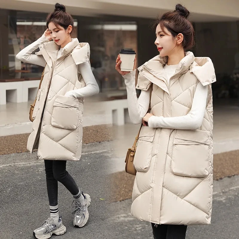 Inverno donna lungo con cappuccio caldo gilet donna solido cappello staccabile gilet senza maniche giacca Parka cappotti donna piumino di cotone