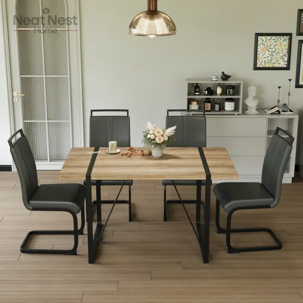 

55 " dining table modern rural industrial rectangular wood table set and PU armless dining chair set 4,kitchen dining table set