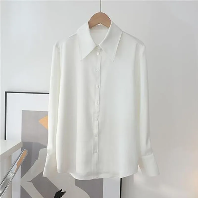 2024 Women New Satin Surface Lapel Collar Chiffon Shirt Spring Pointed Collar Long Sleeved Loose Solid Color Fashion Casual Tops