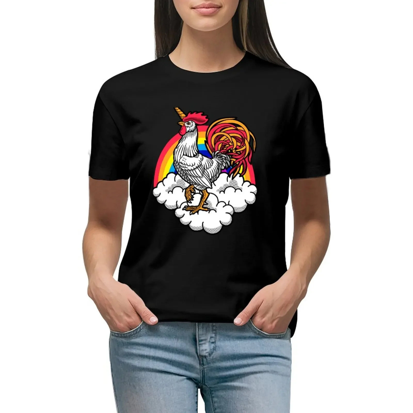 Unicorn Chicken Rainbow T-Shirt heavyweights summer top tees black t shirts for Women