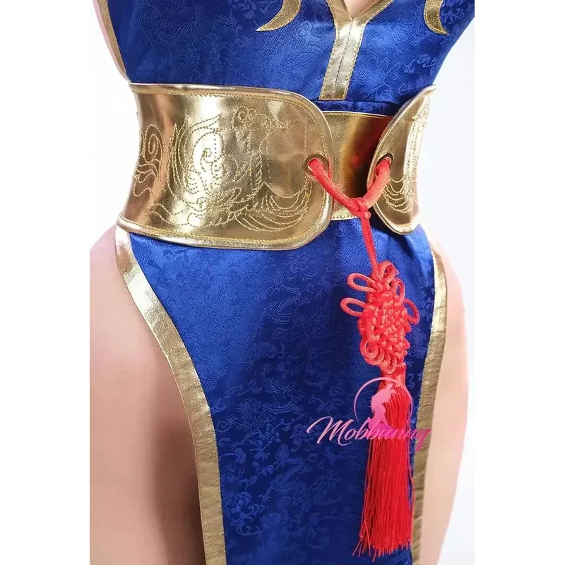 Mobbunny المرأة شيونغسام مثير مجموعة الملابس الداخلية تشون لي مشتق عميق الخامس عالية الشق فستان مع حلقات اليد حزام #5