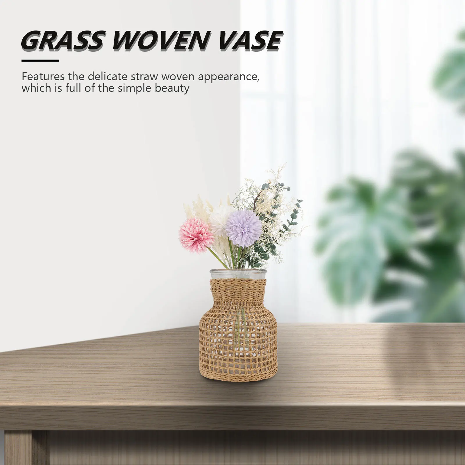 

1Pcs Chic Desktop Decor Vase Khaki Handcrafted Grass Woven Flower Holder for Home Office Nordic Style Plant Arrangement Glass