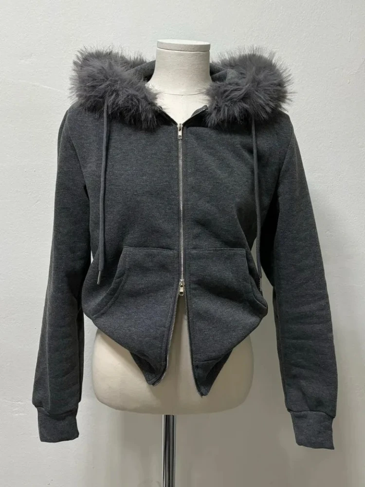 الأمريكية الرجعية مقنعين الفراء طوق البلوز سترة المرأة الخريف عادية فضفاض سستة التخسيس سترة القمم القوطية معاطف سوداء