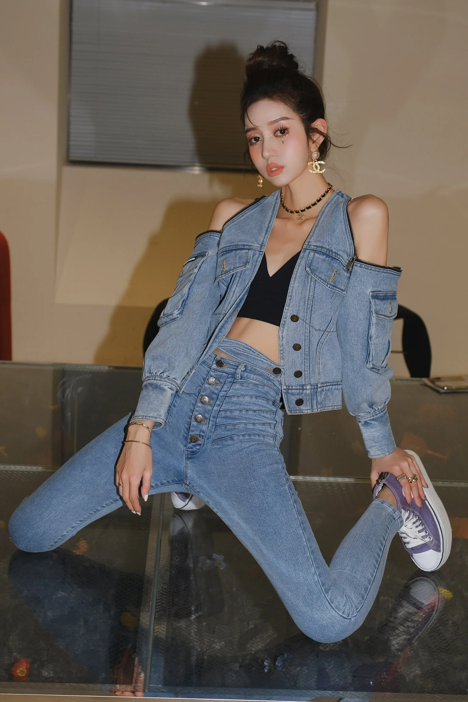 2024 primavera denim jaqueta feminina casual fora do ombro jaqueta outono manga longa único breasted vintage jean casaco streetwear