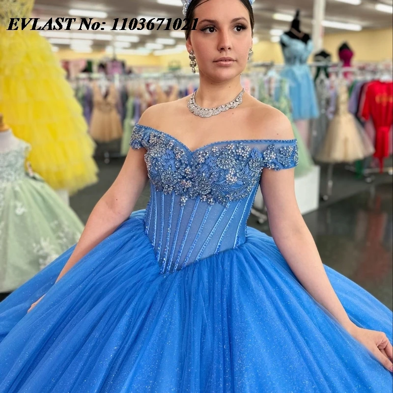 فستان Quinceanera أزرق لامع ، زين تول ، كريستال مطرز ، مشد مكسيكي ، فستان كرة 16 حلو ، 608 ، 16